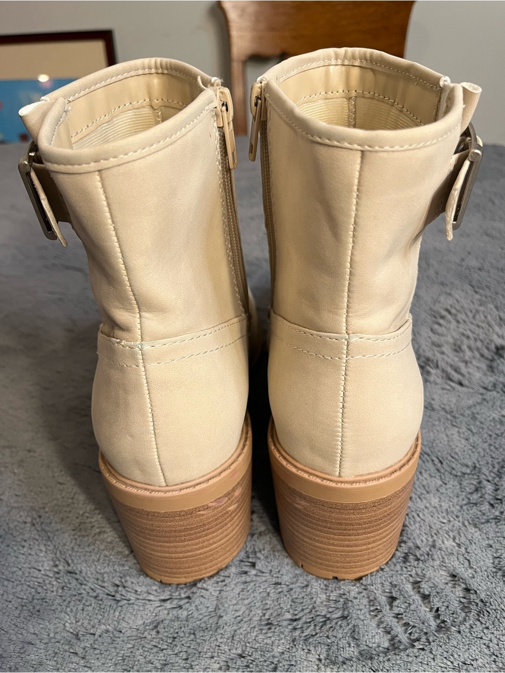 Women's Cream Ankle Boots Stylish Neutral Everyday Boot Man Made Upper Lug Sole - Picture 2 of 8